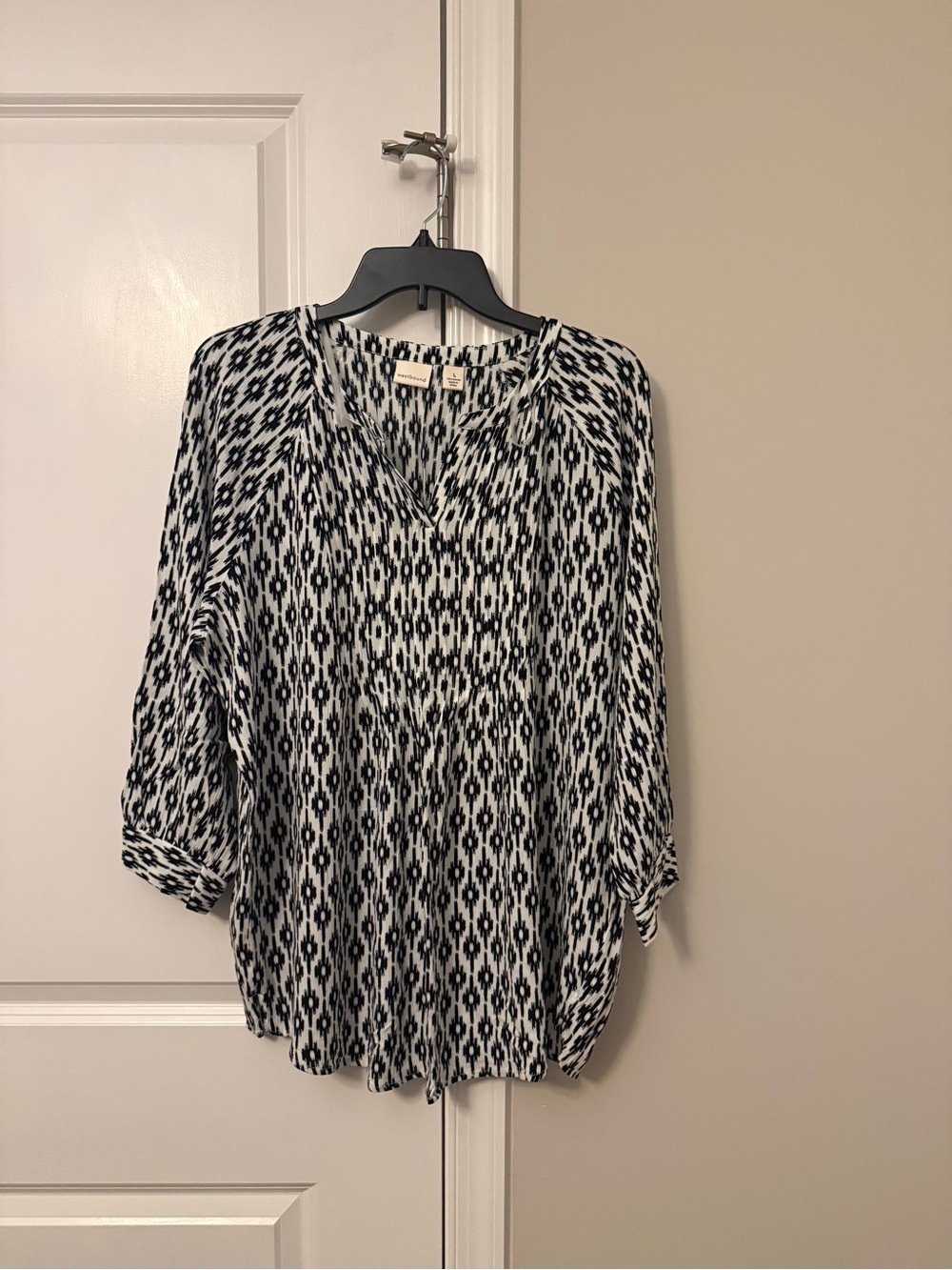 Westbound Black and White Ikat V-Neck Blouse